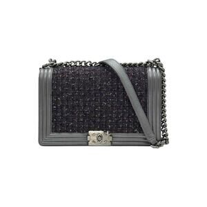 CHANEL Boy Medium Tweed Leather In Metallic Grey